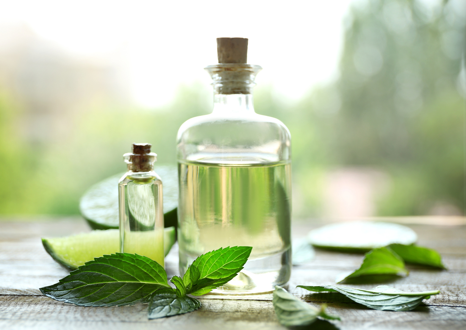 Bottles with Mint Oil, Lime, and Fresh Leaves Closeup